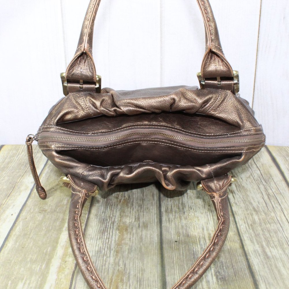 Cole Haan Gold Brown Leather Brass Buckle Double Handles Tote Shoulder Bag - Picture 8 of 12